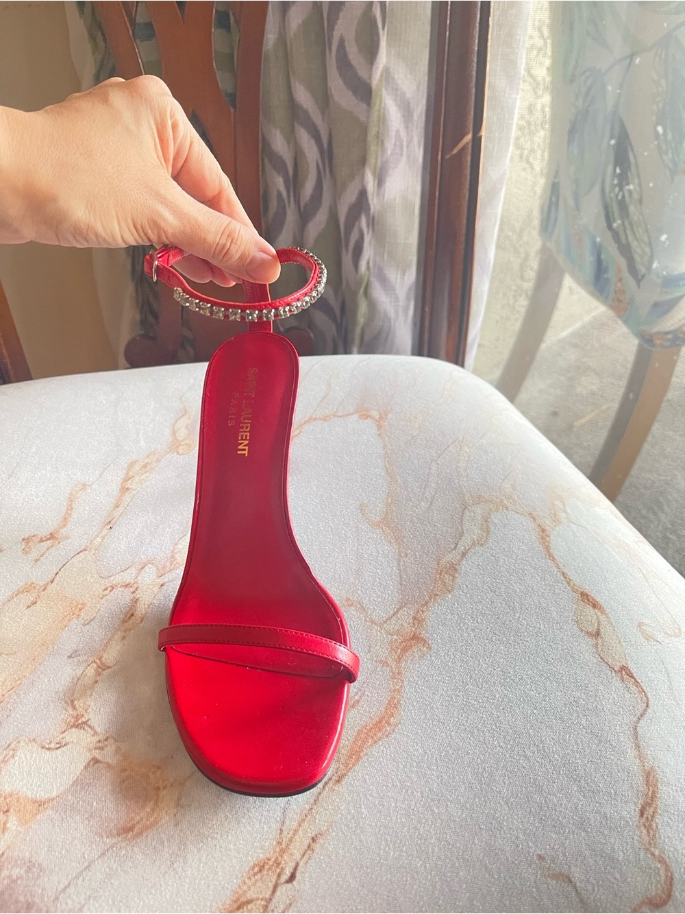 Saint Laurent Red Crystal-Ankle Strap Heel Sandal 7.5